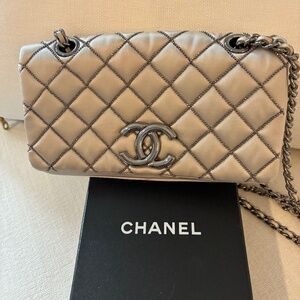 Chanel vintage silver satin beaded flap evening bag